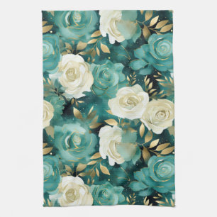Green White Gold Rose Floral Tea Towel