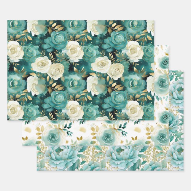 Green White Gold Rose Floral Wrapping Paper Sheet (Set)