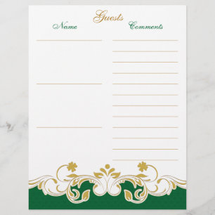 Green White Gold Scrolls Guest Book Paper