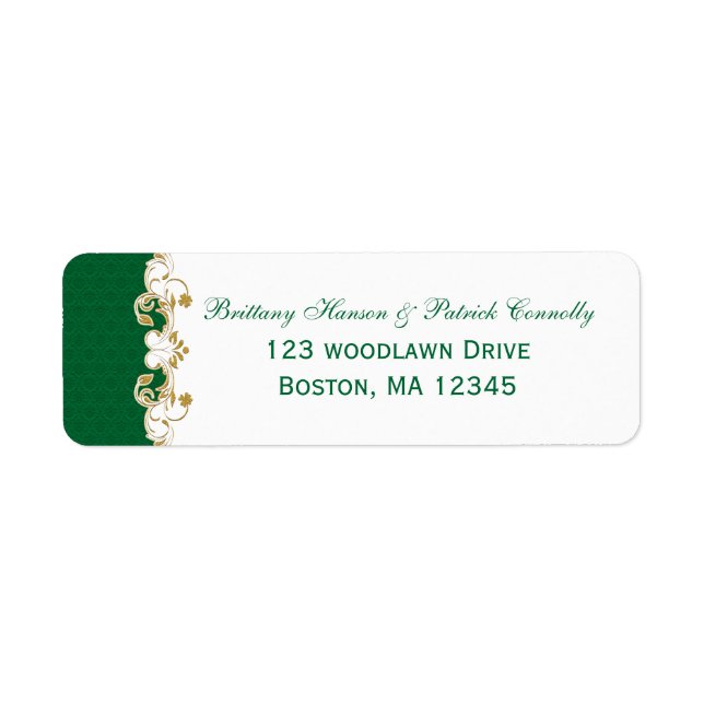 Green White Gold Scrolls Return Address Label (Front)