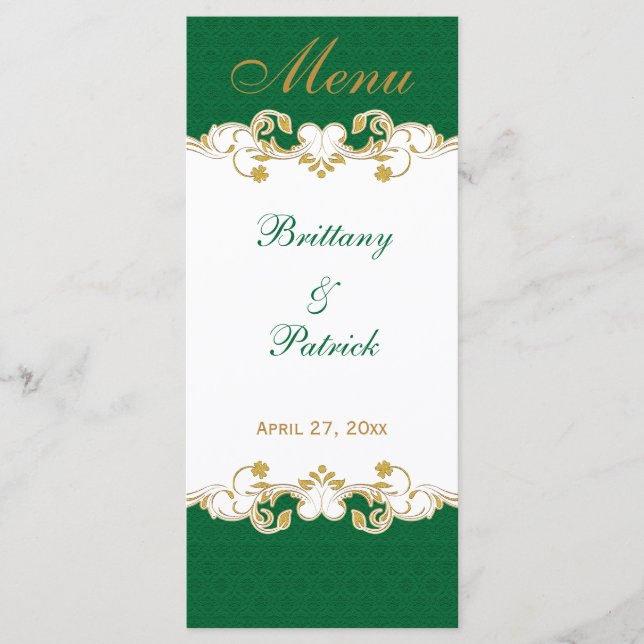 Green White Gold Scrolls, Shamrocks Menu Card (Front)