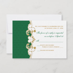 Green White Gold Scrolls, Shamrocks RSVP Card