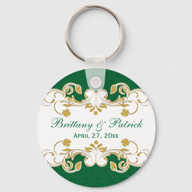 Green White Gold Scrolls Wedding Favour Keychain (Front)