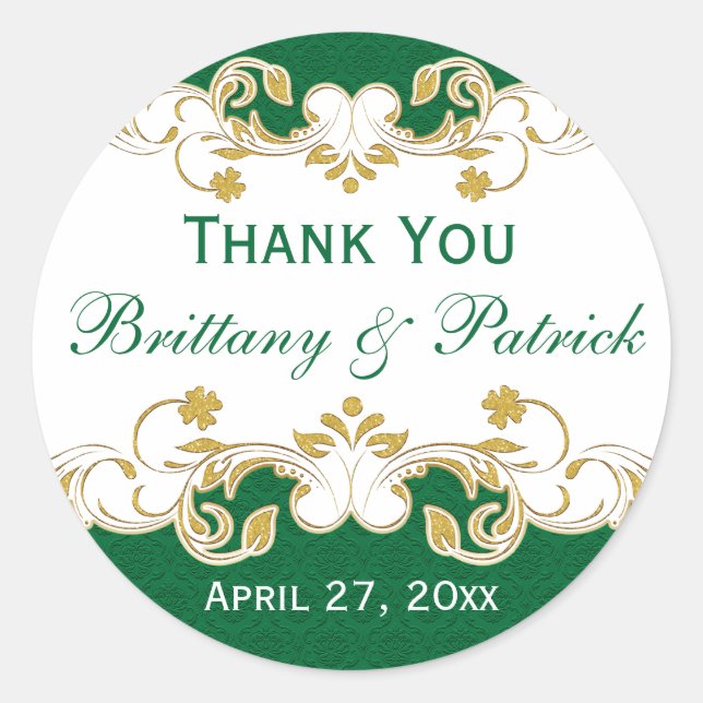 Green, White, Gold Scrolls Wedding Favour Sticker (Front)