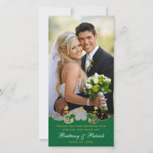 Green, White, Gold Scrolls Wedding Photo Card