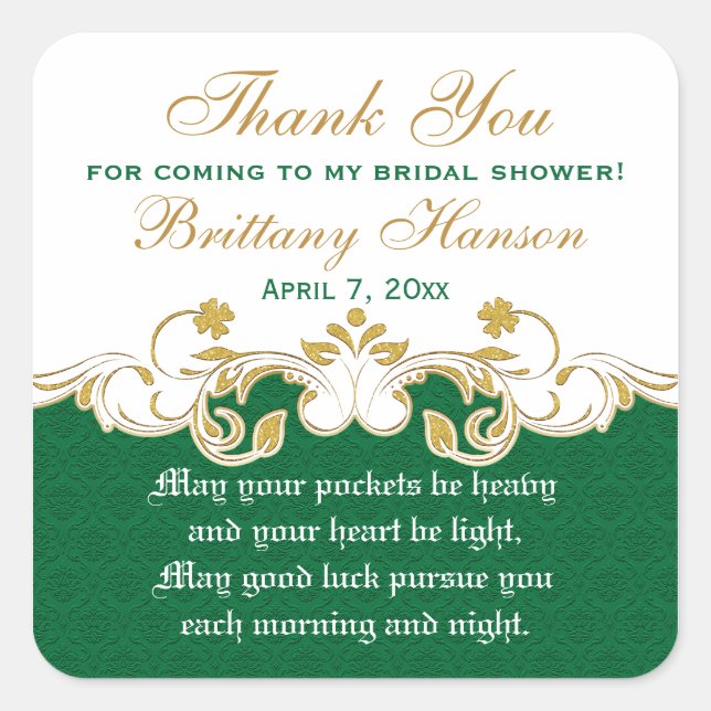 Green White Gold Shamrocks Bridal Shower Sticker (Front)