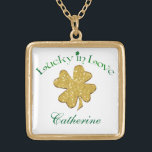 Green White Gold Shamrocks Necklace<br><div class="desc">This modern forest green, white, and gold "Lucky in Love" shamrocks necklace has a faux gold glitter (PRINTED) shamrock on it that matches the Irish, Celtic, or St. Patrick's Day wedding invitation shown below. It has a spot for you to personalise with your name, initials, or other text. It would...</div>