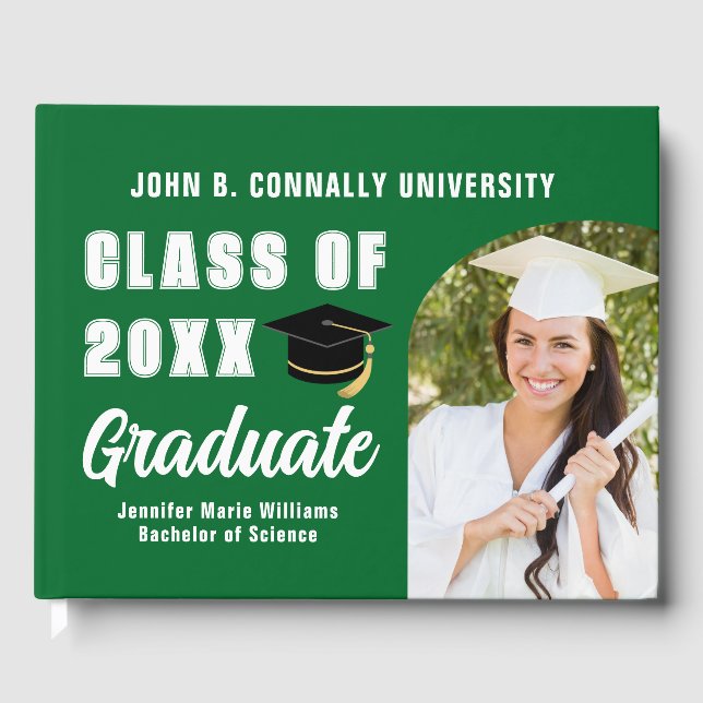 Green White Graduate Photo Custom Graduation Guest Book (Front)