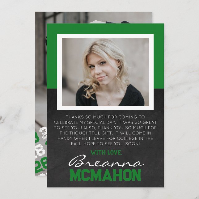 Green & White Graduation Photo Thank You Card (Creator Uploaded)