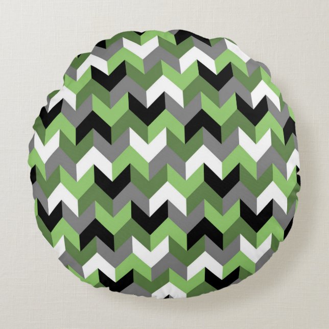 Green, White, Gray and Black Chevron Arrow Round Cushion (Front)