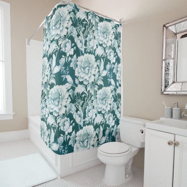 Green white/green repeat rose pattern  shower curtain (In Situ)