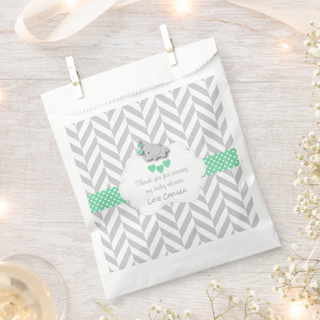 Green, White Grey Elephant Baby Shower Favour Bags (Clipped)