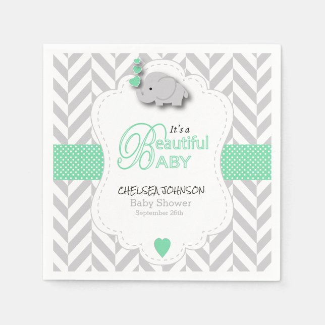 Green, White Grey Elephant Baby Shower Napkin (Front)