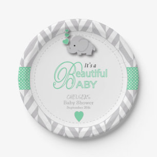 Green, White Grey Elephant Baby Shower Paper Plate