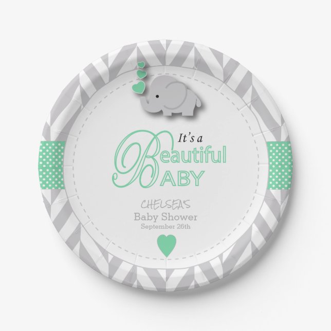 Green, White Grey Elephant Baby Shower Paper Plate (Front)