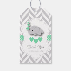 Green, White Grey Elephant Baby Shower Thank You Gift Tags