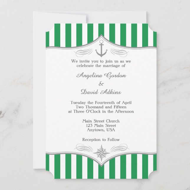 Green White Grey Nautical Wedding Invitation (Front)