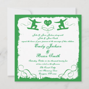 Green white grunge snowboarder wedding invitation