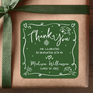 Green White Hand Drawn Doodle Graduation Thank You Square Sticker