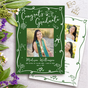 Green White Hand Drawn Doodles Graduation 4 Photo Announcement
