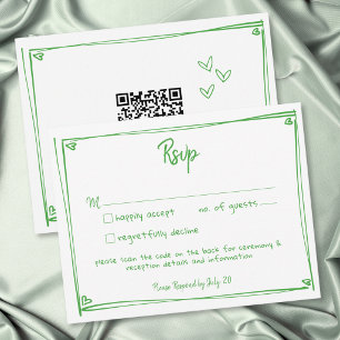 Green White Hand Drawn Heart Whimsical Wedding QR RSVP Card