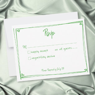 Green White Hand Drawn Heart Whimsical Wedding RSVP Card