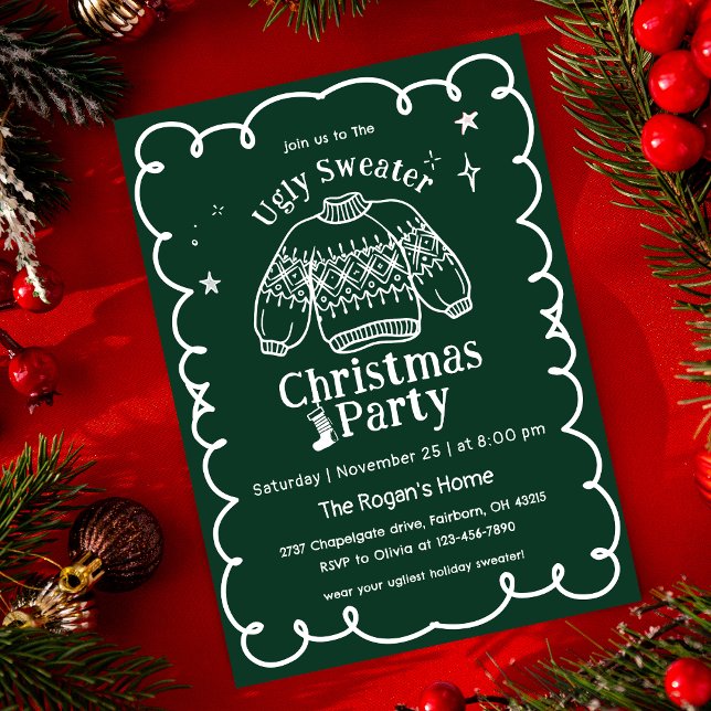 Green & White Hand Drawn Ugly Sweater Christmas Invitation (Creator Uploaded)