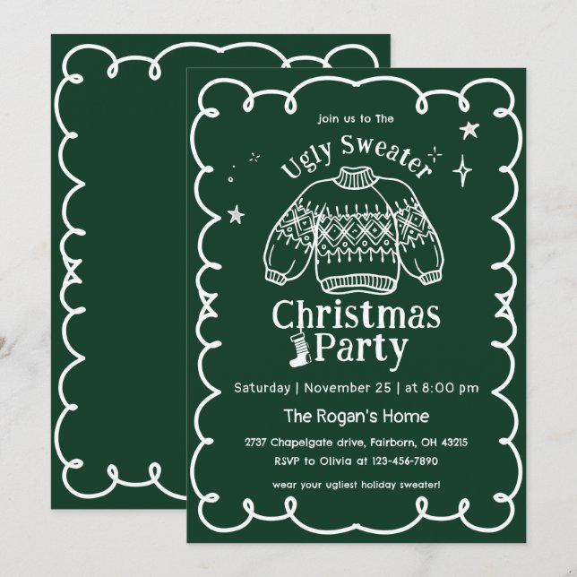 Green & White Hand Drawn Ugly Sweater Christmas Invitation (Front/Back)