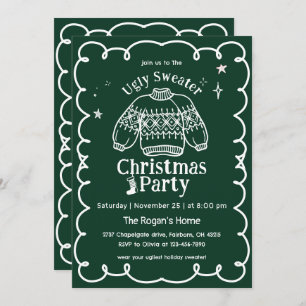 Green & White Hand Drawn Ugly Sweater Christmas Invitation