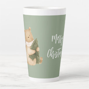 Green White Happy Bear Christmas Tree Latte Mug