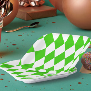Green White Harlequin Diamonds Checkers Design Paper Plate