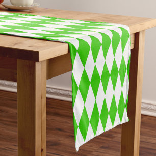 Green White Harlequin Diamonds Checkers Design Short Table Runner