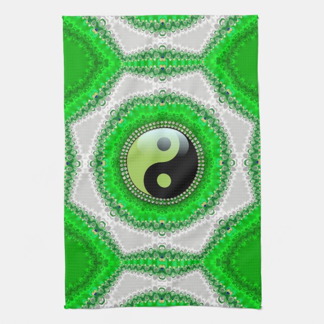 Green White Hexagon Swirl YinYang Kitchen Cloth (Vertical)