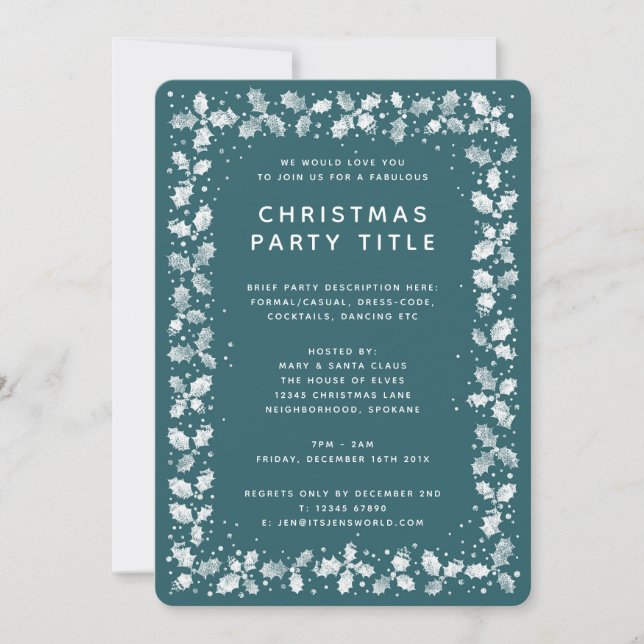 Green + White Holly Leaf Border Christmas Party Invitation (Front)