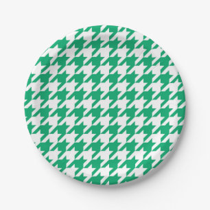Green White Houndstooth Check Paper Plate
