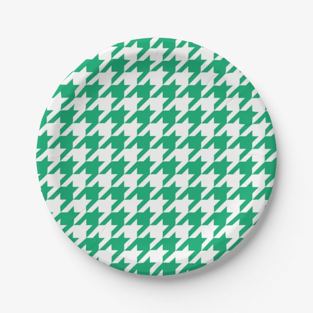 Green White Houndstooth Check Paper Plate (Front)