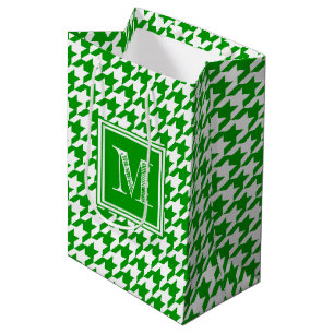 Green White Houndstooth Modern Monogram Medium Gift Bag