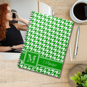 Green White Houndstooth Modern Monogram Notebook