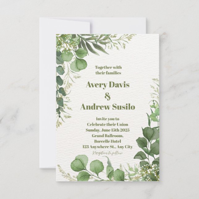 Green White Illustrated Floral Wedding Invitation (Front)