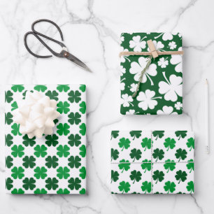 GREEN & WHITE IRISH CELTIC SHAMROCKS & PATTERNS WRAPPING PAPER SHEET
