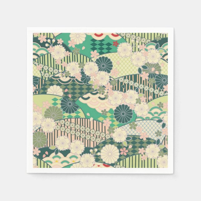 Green White Japanese Kimono Floral Decoupage Paper Napkin (Front)