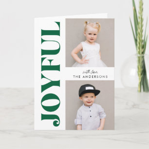 Green & White Joyful Modern Christmas 3 Photo Holiday Card