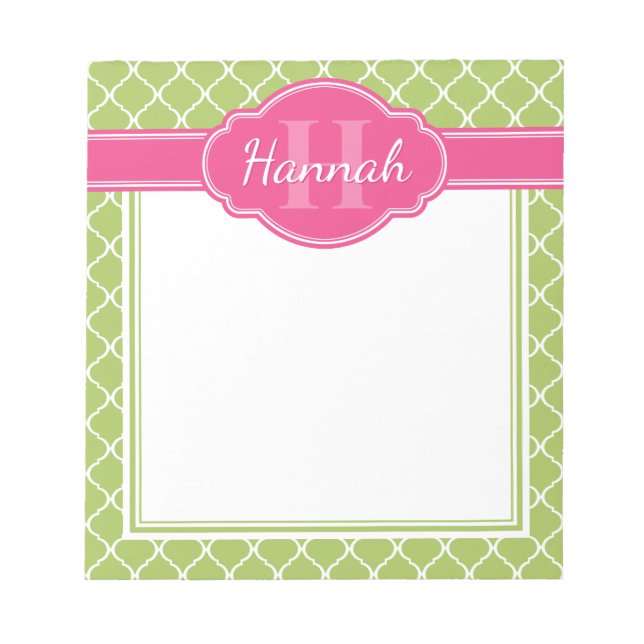 Green White Lattice Pattern Pink Monogram Notepad (Front)