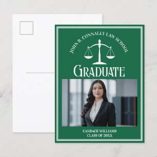 Green White Law School Photo Graduation Announcement Postcard