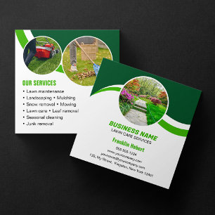 Green White Lawn Care Landscaping Mowing 3 Photo Square Business Card