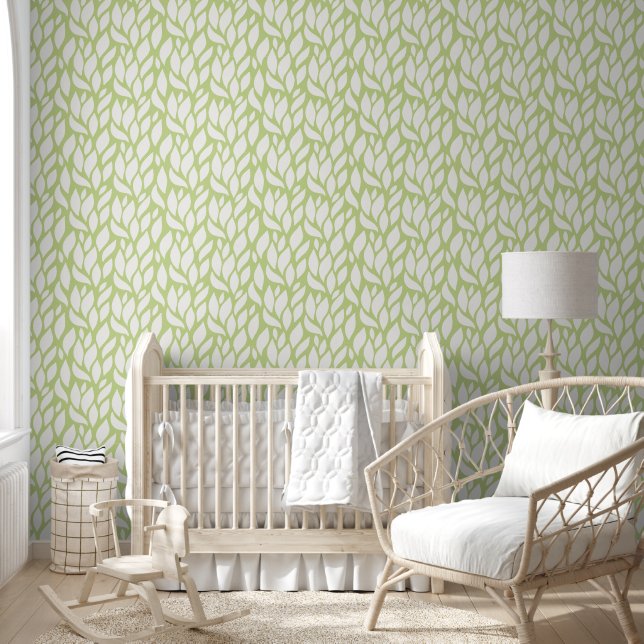Green-White Leaf Pattern Wallpaper (Kids)
