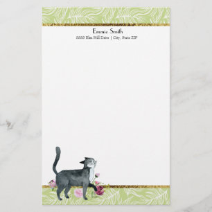 Green White Leaves and Gold Grey Cat Stationery