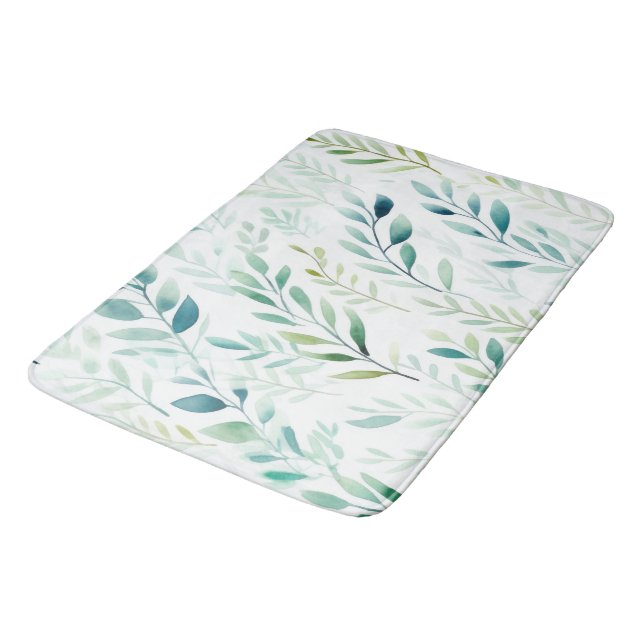 Green White Leaves Bath Mat (Angled)