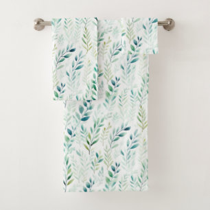 Green White Leaves Bath Towel Set