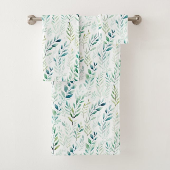 Green White Leaves Bath Towel Set (Insitu)